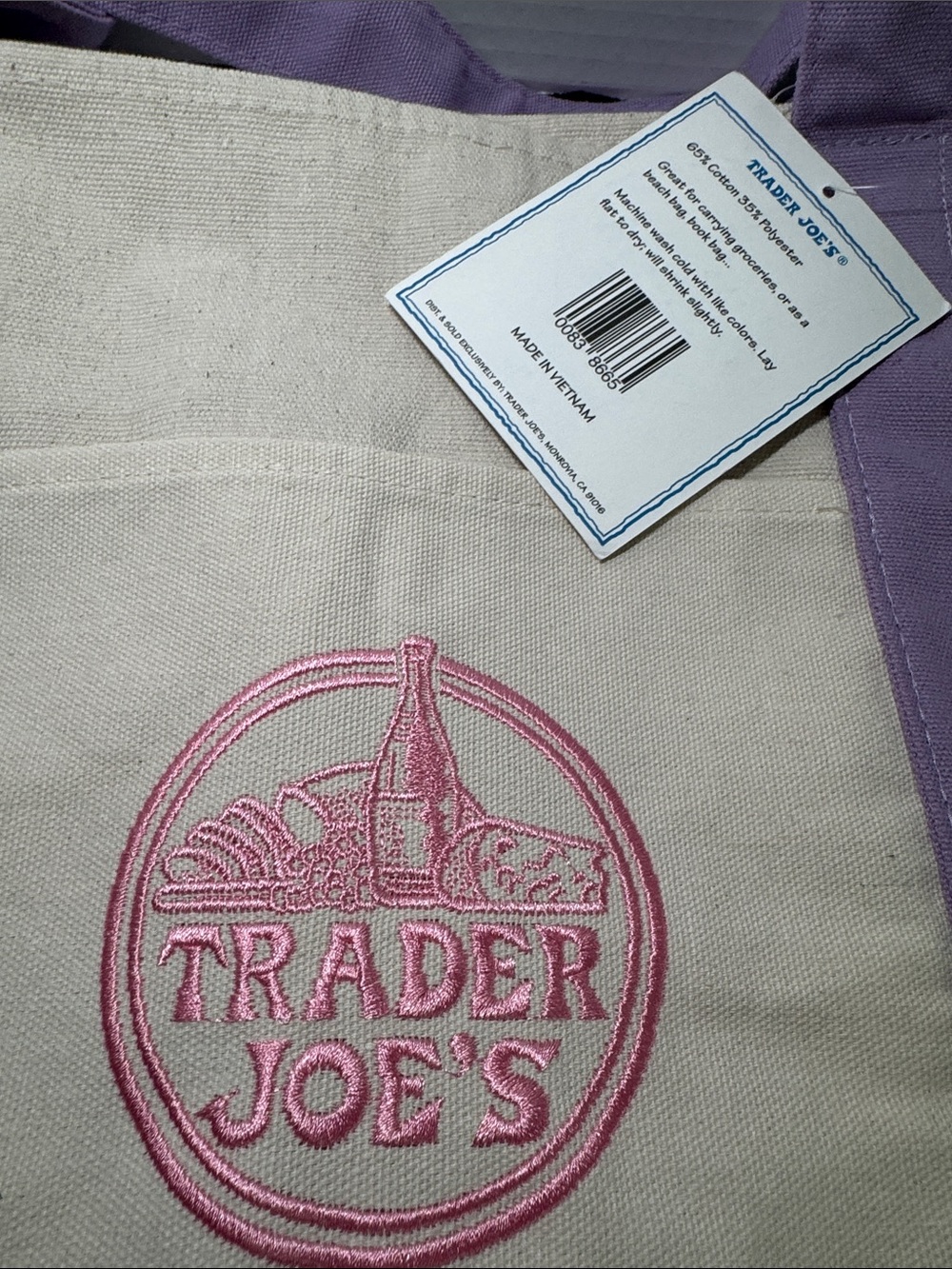 New Trader Joe’s Large Lavender Canvas Tote Bag with Custom Side Pockets - Picture 14 of 17